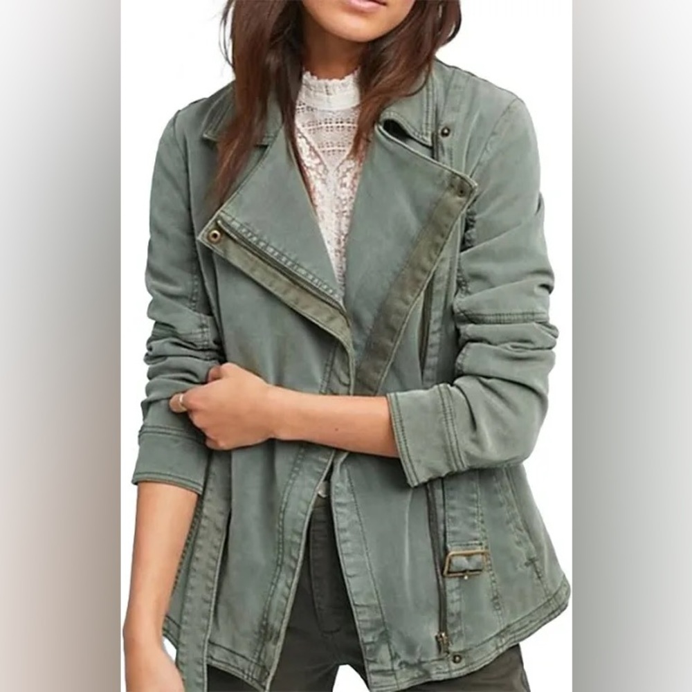 Anthropologie Everyday Jacket Belted Tie Waist Zip Utility Moto Green